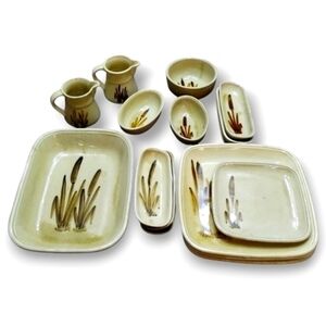 1970s Studio Pottery Handpainted Cattail Dinnerware